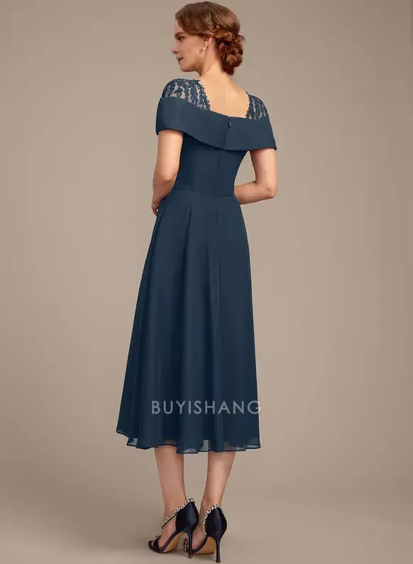 Elegant Off-Shoulder Lace Appliqué Chiffon Tea-Length A-Line Dress Mother of the Bride Dress
